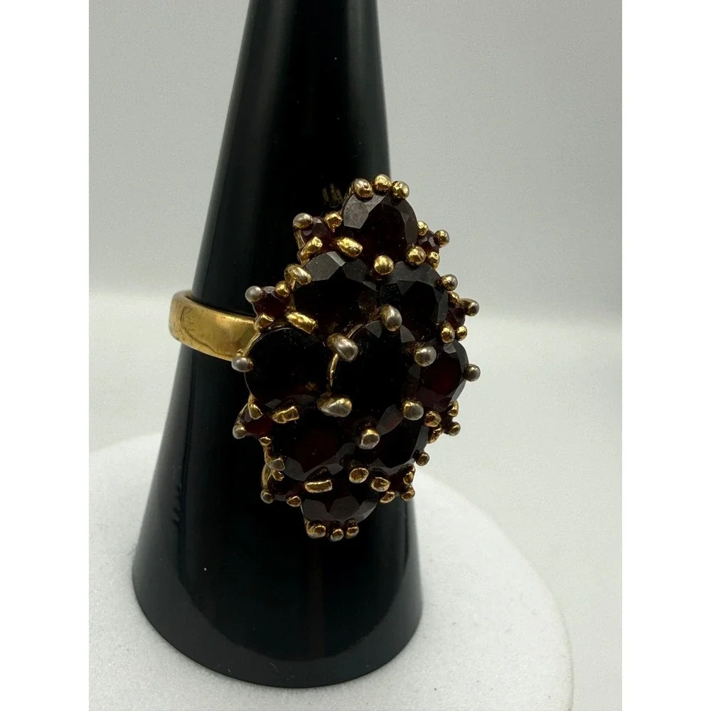 Vtg Bohemian Garnet Cluster Ring Gold Tone Marquise Floral Statement Size 7.5